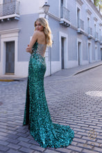 N E1280 - One Shoulder Full Sequin Fit & Flare Prom Gown with Silver Sequin Detail Sheer Back & Leg Slit PROM GOWN Nox