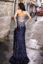 N E1280 - One Shoulder Full Sequin Fit & Flare Prom Gown with Silver Sequin Detail Sheer Back & Leg Slit PROM GOWN Nox