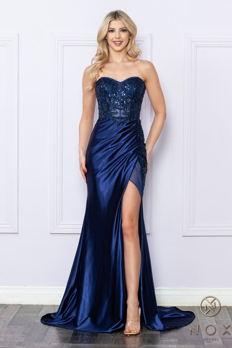 N E1284 - Strapless Fit & Flare Prom Gown With Sequin & Floral Embellished Bodice Featuring Accented Leg Slit PROM GOWN Nox   
