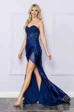 N E1284 - Strapless Fit & Flare Prom Gown With Sequin & Floral Embellished Bodice Featuring Accented Leg Slit PROM GOWN Nox 0 NAVY BLUE 