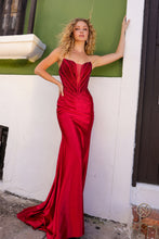 N E1290 - Strapless Fit & Flare Prom Gown With Plunging V-Neckline Encompassing A Hot Stoned Boned Bodice & Hot Stoned Skirt PROM GOWN Nox 2 BURGUNDY 