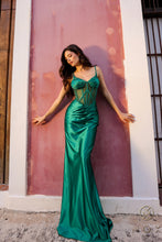 N E1292 - Stretch Satin Fit & Flare Prom Gown with Sheer Hot Bead Embellished Bodice & Open Lace Up Corset Back PROM GOWN Nox   