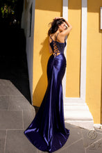 N E1292 - Stretch Satin Fit & Flare Prom Gown with Sheer Hot Bead Embellished Bodice & Open Lace Up Corset Back PROM GOWN Nox   