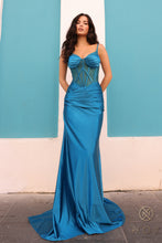 N E1292 - Stretch Satin Fit & Flare Prom Gown with Sheer Hot Bead Embellished Bodice & Open Lace Up Corset Back PROM GOWN Nox 0 PEACOCK TEAL 