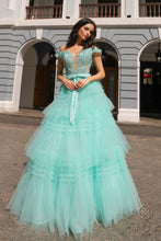 N E1293 - Off the Shoulder Layered Ruffle Ball Gown with Sheer Beaded Lace Appliqued Corset Bodice PROM GOWN Nox 0 Mint Green