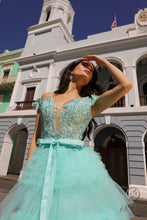 N E1293 - Off the Shoulder Layered Ruffle Ball Gown with Sheer Beaded Lace Appliqued Corset Bodice PROM GOWN Nox