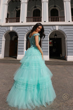 N E1293 - Off the Shoulder Layered Ruffle Ball Gown with Sheer Beaded Lace Appliqued Corset Bodice PROM GOWN Nox
