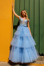 N E1293 - Off the Shoulder Layered Ruffle Ball Gown with Sheer Beaded Lace Appliqued Corset Bodice PROM GOWN Nox