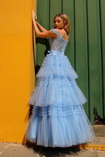 N E1293 - Off the Shoulder Layered Ruffle Ball Gown with Sheer Beaded Lace Appliqued Corset Bodice PROM GOWN Nox