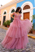 N E1293 - Off the Shoulder Layered Ruffle Ball Gown with Sheer Beaded Lace Appliqued Corset Bodice PROM GOWN Nox