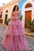 N E1293 - Off the Shoulder Layered Ruffle Ball Gown with Sheer Beaded Lace Appliqued Corset Bodice PROM GOWN Nox 0 Mauve