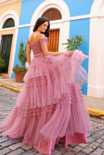 N E1293 - Off the Shoulder Layered Ruffle Ball Gown with Sheer Beaded Lace Appliqued Corset Bodice PROM GOWN Nox