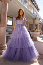 N E1293 - Off the Shoulder Layered Ruffle Ball Gown with Sheer Beaded Lace Appliqued Corset Bodice PROM GOWN Nox 0 Periwinkle