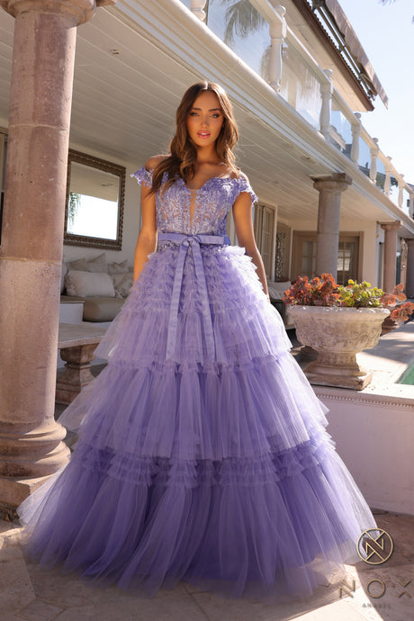 N E1293 - Off the Shoulder Layered Ruffle Ball Gown with Sheer Beaded Lace Appliqued Corset Bodice PROM GOWN Nox 0 Periwinkle