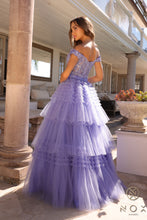 N E1293 - Off the Shoulder Layered Ruffle Ball Gown with Sheer Beaded Lace Appliqued Corset Bodice PROM GOWN Nox