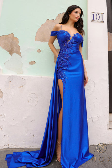 N E1451 - Off The Shoulder Floral Sequin Embroidered Prom Gown With Glitter Embellishments & Side Sash PROM GOWN Nox 2 ROYAL BLUE 
