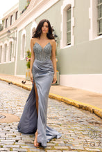 N F1466 - Strapless Rhinestone Embossed Boned Bodice Prom Gown With Accented Leg Slit PROM GOWN Nox 2 SMOKY BLUE 