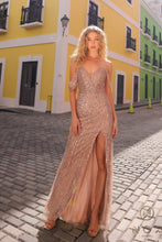 N F1468 - Sequin Patterned Fit & Flare Prom Gown with Sheer Plunging V-Neck Bodice & Leg Slit PROM GOWN Nox 4 MOCHA GOLD 
