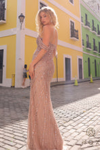 N F1468 - Sequin Patterned Fit & Flare Prom Gown with Sheer Plunging V-Neck Bodice & Leg Slit PROM GOWN Nox   