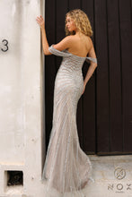N F1468 - Sequin Patterned Fit & Flare Prom Gown with Sheer Plunging V-Neck Bodice & Leg Slit PROM GOWN Nox   