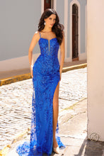 N G1363 - Fit & Flare Prom Gown with Sheer Sequin Embellished V-Neck Bodice Open Lace Up Corset Back & Leg Slit PROM GOWN Nox 0 ROYAL BLUE 