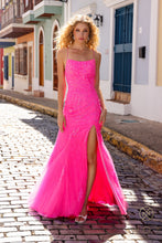 N P1401 - Iridescent Sequin Print Fit & Flare Prom Gown With Lace Up Corset Back & Leg Slit PROM GOWN Nox 0 HOT PINK 