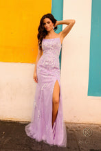 N P1401 - Iridescent Sequin Print Fit & Flare Prom Gown With Lace Up Corset Back & Leg Slit PROM GOWN Nox 0 LILAC 