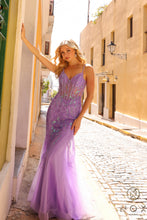 N Q1358 - Sequin Patterned Fit & Flare Prom Gown with Sheer Boned Bodice & Layered Tulle Skirt PROM GOWN Nox 00 LAVENDER 