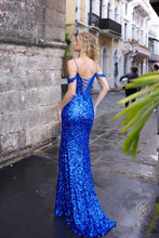 N Q1389 - Full Sequin Fit & Flare Prom Gown With Sheer Boned Bodice Lace Up Corset Back & Leg Slit PROM GOWN Nox   