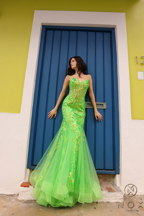 N Q1390 - Iridescent Sequin Printed Fit & Flare Prom Gown with Sheer Boned Bodice Spaghetti Straps & Layered Tulle Skirt PROM GOWN Nox 0 NEON GREEN 