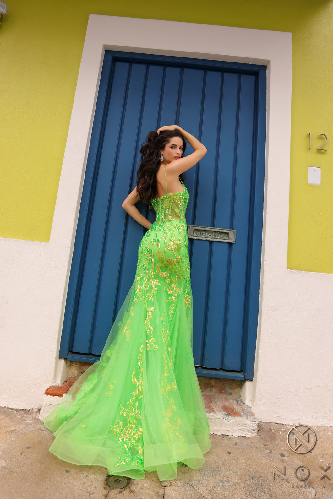 N Q1390 - Iridescent Sequin Printed Fit & Flare Prom Gown with Sheer B Diggz Formals N Q1390 - Iridescent Sequin Printed Fit & Flare Prom Gown with Sheer B Diggz Formals