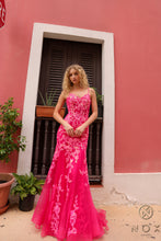 N Q1390 - Iridescent Sequin Printed Fit & Flare Prom Gown with Sheer Boned Bodice Spaghetti Straps & Layered Tulle Skirt PROM GOWN Nox 00 CORAL FUCHSIA 