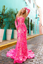N R1268 - Strapless Printed Iridescent Sequin Fit & Flare Prom Gown with Boned Corset Bodice & Mock Sleeves PROM GOWN Nox   