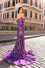 N R1268 - Strapless Printed Iridescent Sequin Fit & Flare Prom Gown with Boned Corset Bodice & Mock Sleeves PROM GOWN Nox 0 PURPLE 