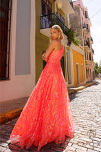 N R1305 - Neon Peach Iridescent Sequin Patterned One Shoulder A-Line Prom Gown PROM GOWN Nox   