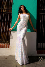 N R1308 - One Shoulder Printed Iridescent Sequin Fit & Flare Prom Gown with Sheer Underarms PROM GOWN Nox 0 WHITE MULTI 