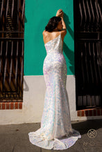 N R1308 - One Shoulder Printed Iridescent Sequin Fit & Flare Prom Gown with Sheer Underarms PROM GOWN Nox   
