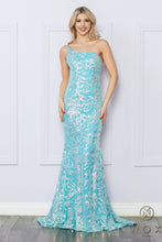 N R1308 - One Shoulder Printed Iridescent Sequin Fit & Flare Prom Gown with Sheer Underarms PROM GOWN Nox 0 AQUA BLUE 