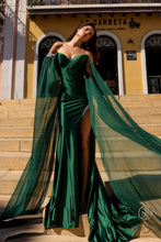 N R1312 - Off The Shoulder Fit & Flare Prom Gown With Sheer Sleeves & Rhinestone Accented Leg Slit PROM GOWN Nox 0 EMERALD 