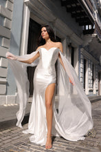 N R1312 - Off The Shoulder Fit & Flare Prom Gown With Sheer Sleeves & Rhinestone Accented Leg Slit PROM GOWN Nox 00 WHITE 