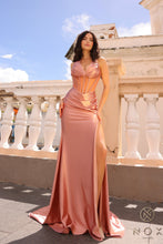 N R1323 - Fit & Flare Sheer Boned Bodice Satin Prom Gown With Halter Neck & Ruched Waist PROM GOWN Nox 0 ROSEGOLD 