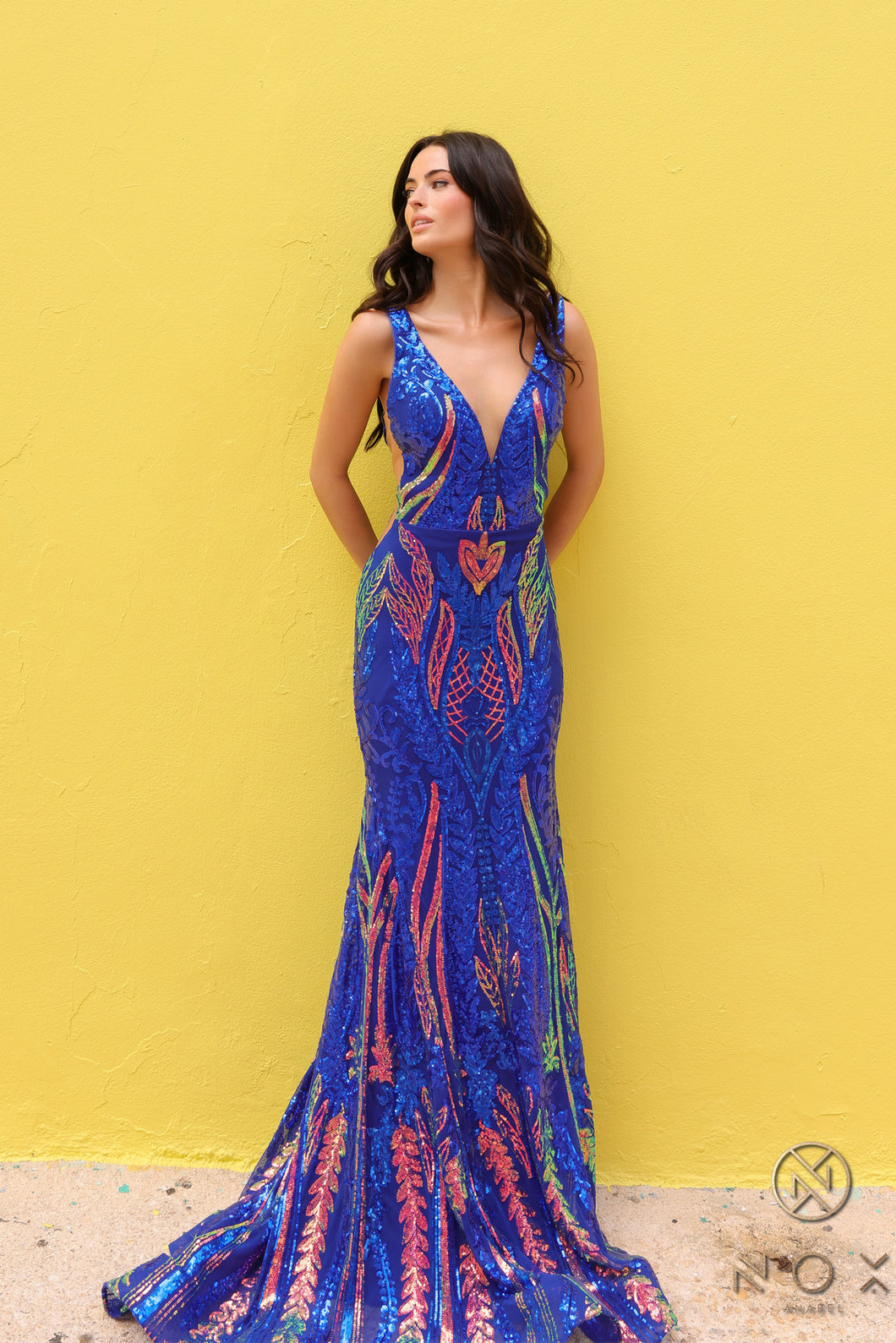N R1402 - Iridescent Sequin Print Fit & Flare Prom Gown with V-Neck & Sheer Underarms 14 / BLUE MULTI N R1402 - Iridescent Sequin Print Fit & Flare Prom Gown with V-Neck & Sheer Underarms 14 / BLUE MULTI
