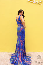 N R1402 - Iridescent Sequin Print Fit & Flare Prom Gown with V-Neck & Sheer Underarms PROM GOWN Nox   