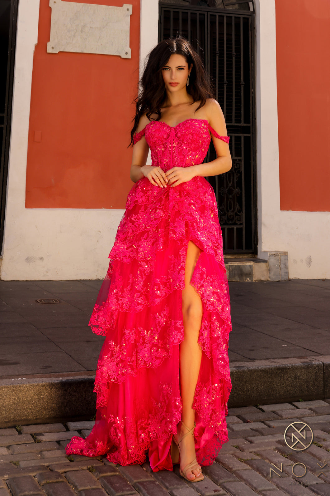 N T1335 - Off the Shoulder A-Line Prom Gown with Sequin Embellished Lace Layered Ruffle Skirt & Leg Slit PROM GOWN Nox 0 FUCHSIA 