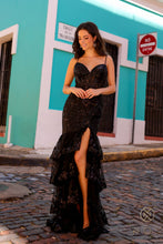 N T1337 - Sequin Embellished Layered Ruffle Fit & Flare Prom Gown with Sheer Boned Bodice & Leg Slit PROM GOWN Nox Black 0