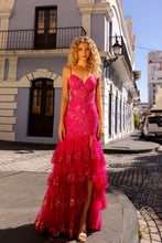 N T1337 - Sequin Embellished Layered Ruffle Fit & Flare Prom Gown with Sheer Boned Bodice & Leg Slit PROM GOWN Nox Dark Fuchsia 2