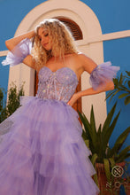 N T1338 - Strapless Layered Ruffle Ball Gown with Sheer Beaded Lace Appliqued Corset Bodice & Optional Puff Sleeves PROM GOWN Nox