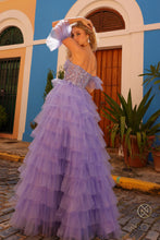 N T1338 - Strapless Layered Ruffle Ball Gown with Sheer Beaded Lace Appliqued Corset Bodice & Optional Puff Sleeves PROM GOWN Nox