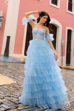 N T1338 - Strapless Layered Ruffle Ball Gown with Sheer Beaded Lace Appliqued Corset Bodice & Optional Puff Sleeves PROM GOWN Nox