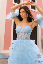 N T1338 - Strapless Layered Ruffle Ball Gown with Sheer Beaded Lace Appliqued Corset Bodice & Optional Puff Sleeves PROM GOWN Nox